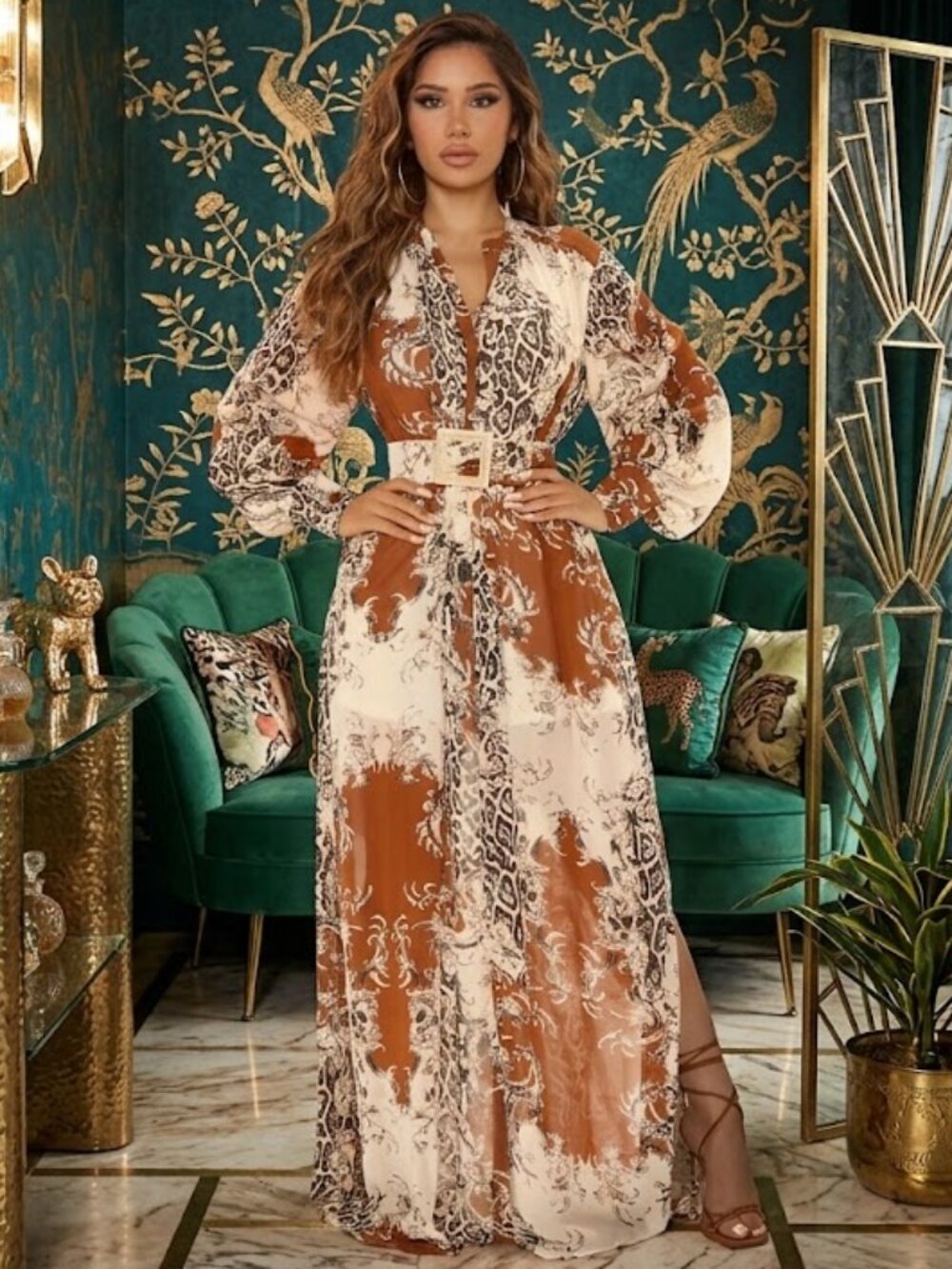 NWT Kilani Belted Maxi Dress - Brown Tan Beige M Animal Leopard Cheetah Print